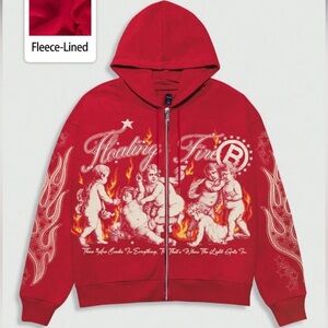 Red Mens Designed Fleece-Lined Zip up Hoodie